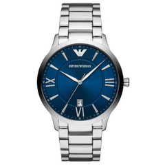 Emporio Armani Giovanni men’s quartz watch with blue dial and silver steel strap