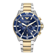 Emporio Armani Mario men’s chronograph watch blue dial two-tone steel strap