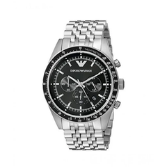 Emporio Armani Tazio men’s chronograph watch black dial silver steel strap