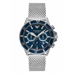 Emporio Armani men’s diver quartz watch with blue dial and silver stainless steel mesh strap