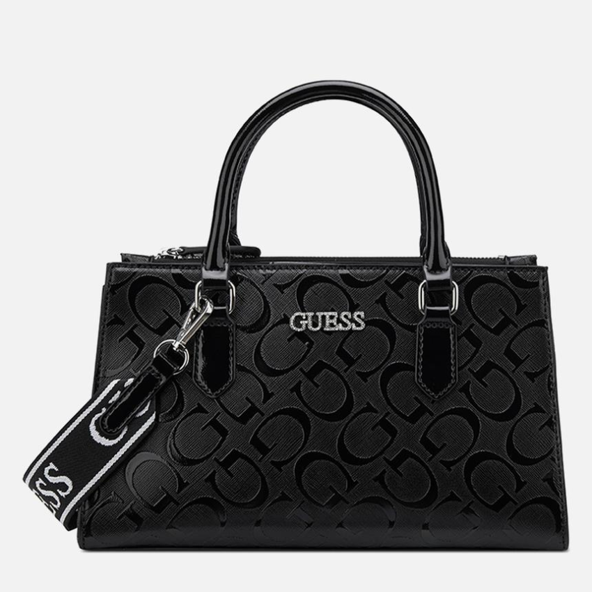 GUESS Brooken satchel bag in black with structured design and top handles