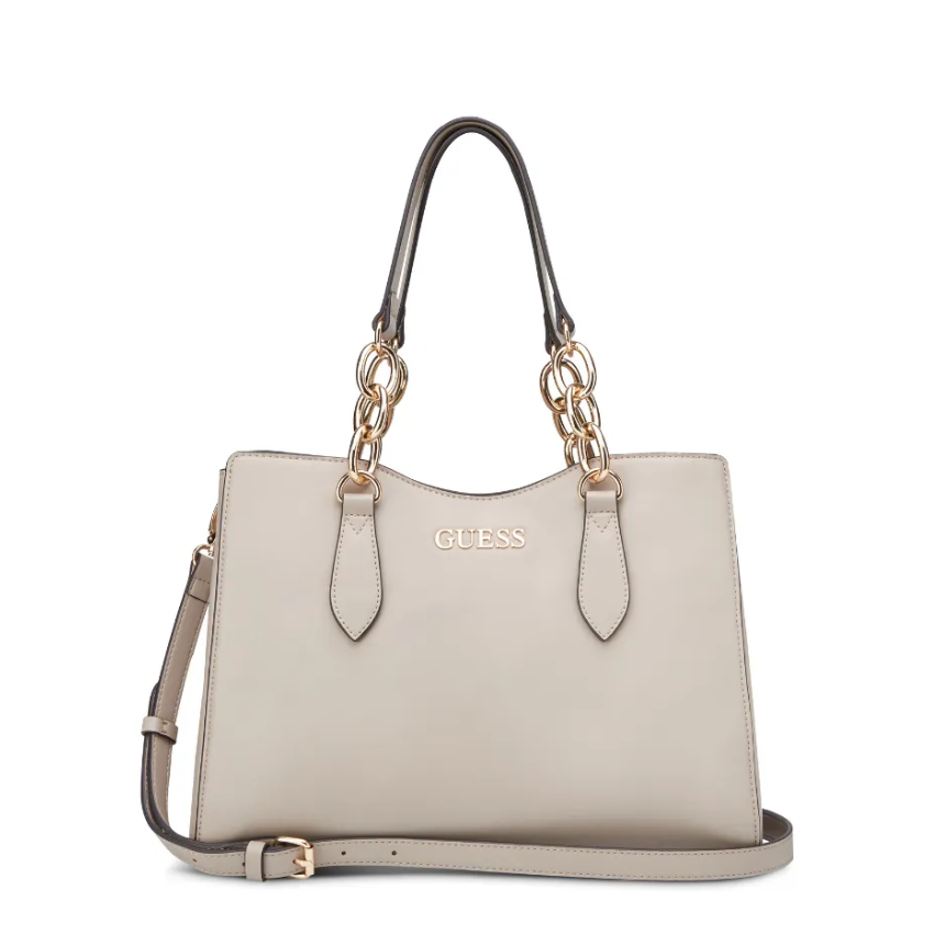GUESS Millport satchel bag in taupe (TAU) with structured design