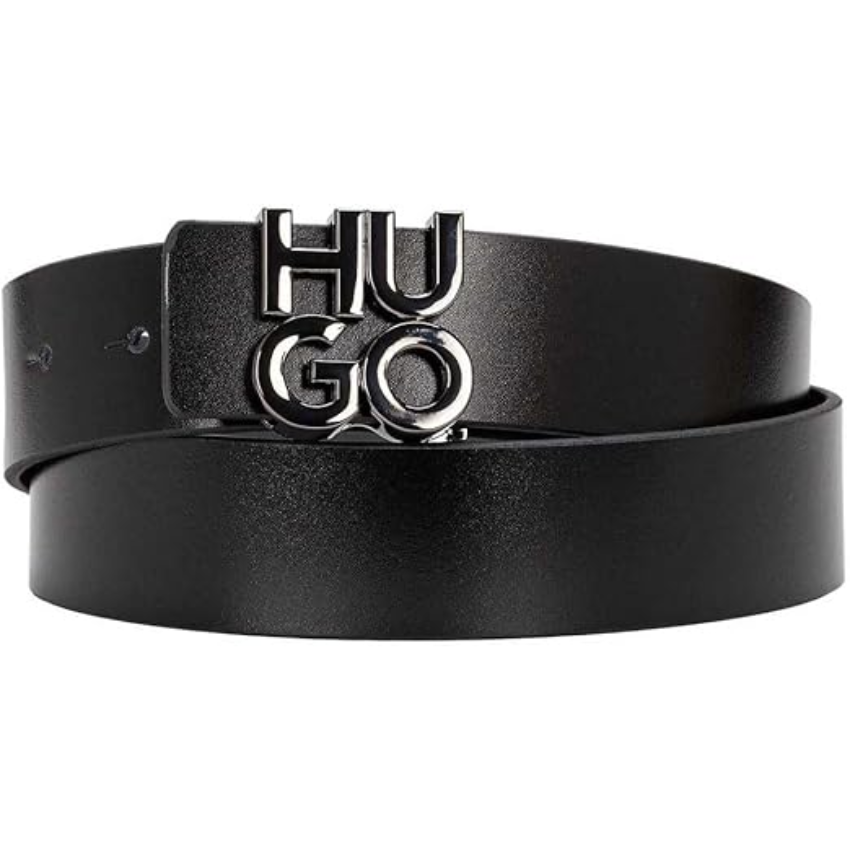 HU-GO_Sta leather belt in size 36 with polished metal buckle and embossed Hugo logo