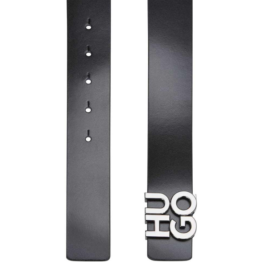 HU-GO_Sta leather belt in size 38 with polished metal buckle and embossed Hugo logo