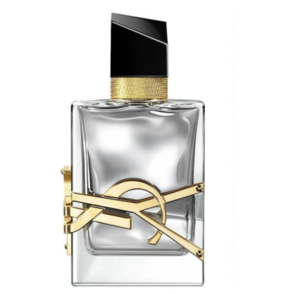 A perfume bottle of Libre L'Absolu Platine by Yves Saint Laurent with a clear glass body and a gold and black cap.