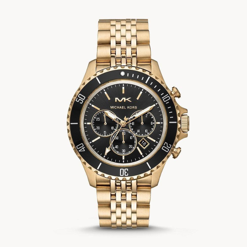 Michael Kors Bayville MK8726 men?s chronograph watch with black sunray dial, gold-tone stick indexes, and gold stainless steel bracelet