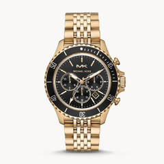 Michael Kors Bayville MK8726 men?s chronograph watch with black sunray dial, gold-tone stick indexes, and gold stainless steel bracelet