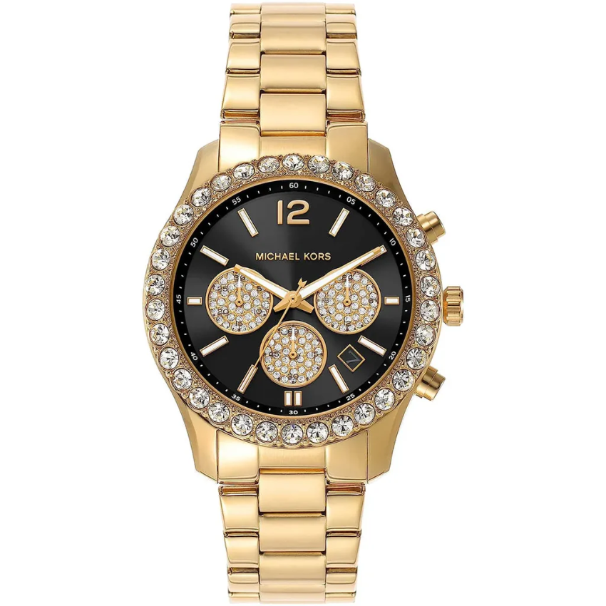 Michael Kors Berkley MK7414 women?s chronograph watch with black dial and gold steel strap