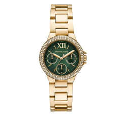 Michael Kors Camille MK6981 women?s multifunction watch with green dial and gold steel strap