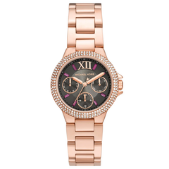 Michael Kors Camille MK6983 women?s chronograph watch with grey dial and rose gold steel strap