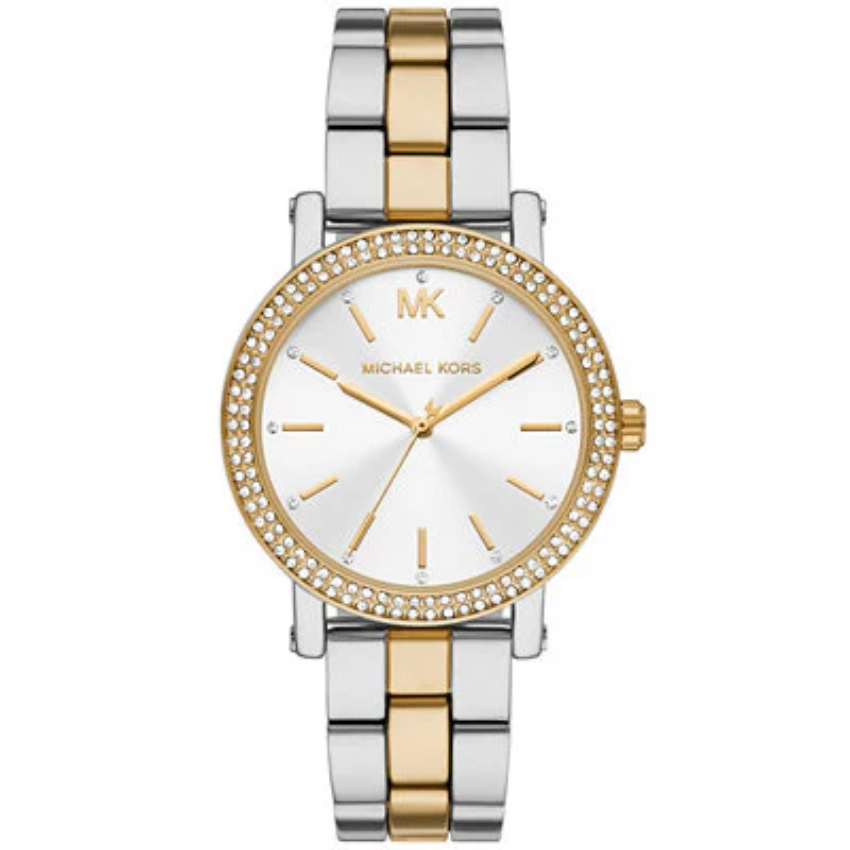 Michael Kors Corey MK7348 women?s analog watch silver dial two-tone steel strap