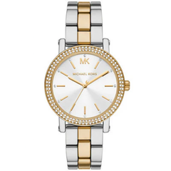 Michael Kors Corey MK7348 women?s analog watch silver dial two-tone steel strap