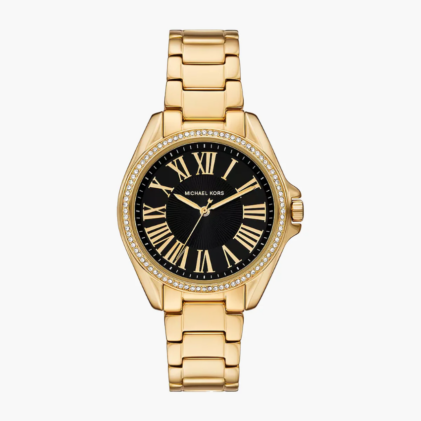 Michael Kors Kacie MK4852 women?s analogue watch black dial gold steel strap