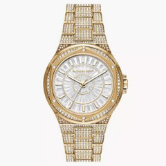 Michael Kors Lennox MK6991 women?s watch with white dial, crystal accents, and gold steel strap