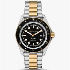 Michael Kors Maritime MK9180 men?s oversized three-hand watch with black dial, two-tone stainless steel, and Super Lume technology