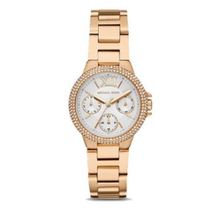 Michael Kors Mini Camille MK6844 women?s chronograph watch with white dial and rose gold steel strap