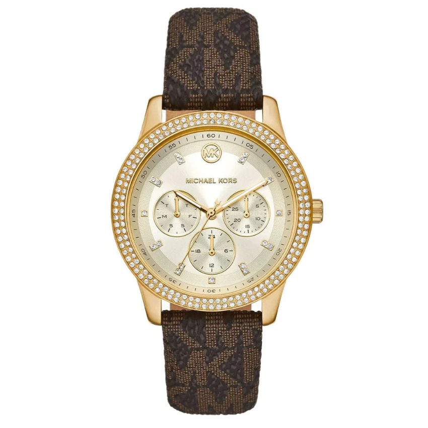 Michael Kors Tibby MK6966 women?s multifunction watch with gold dial and brown leather strap