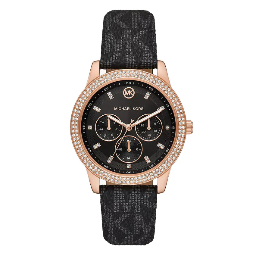 Michael Kors Tibby MK6968 women?s multifunction watch with black dial, black leather strap, and rose gold-toned stainless steel case