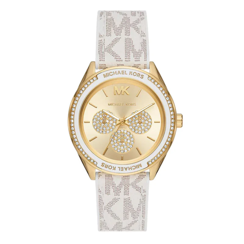 Michael Kors women?s quartz watch MK7204 beige silicone and leather strap gold dial 40mm