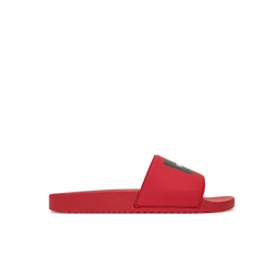 Red Hugo slides with bold logo strap and molded footbed