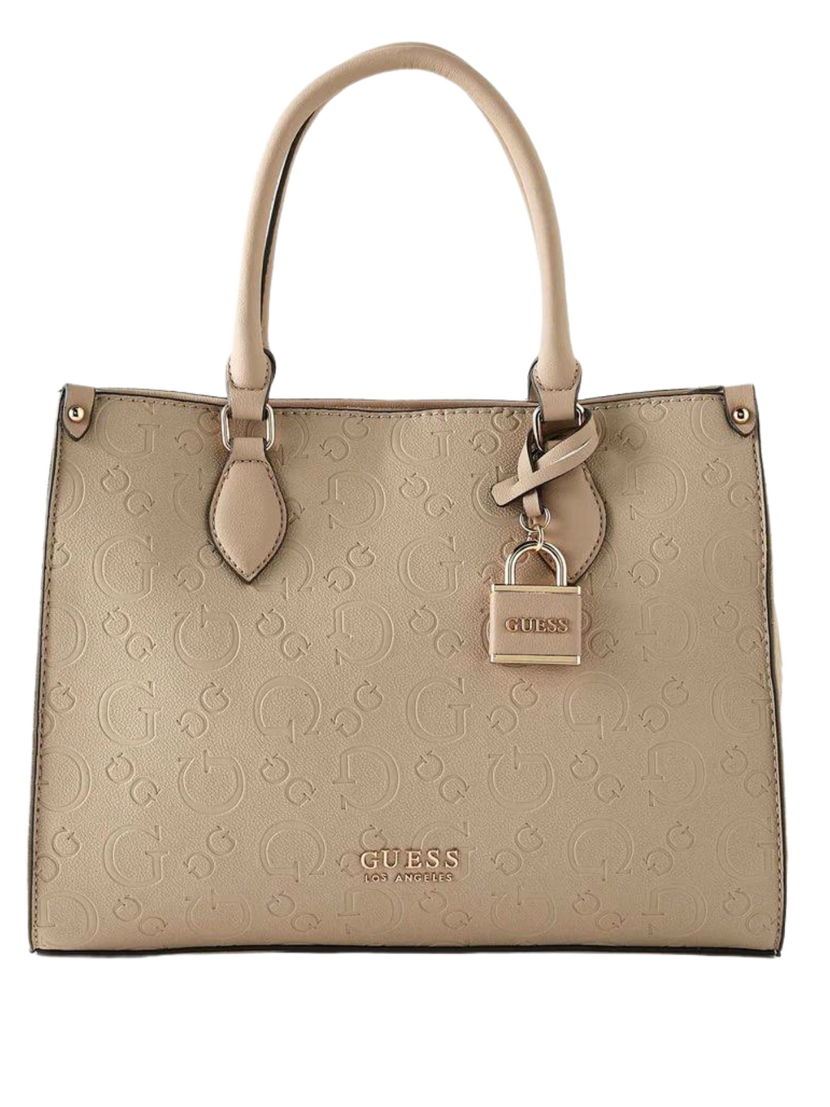 Guess Handbag Monogram Embossed Tote Bag with Double Handle and Button Closure