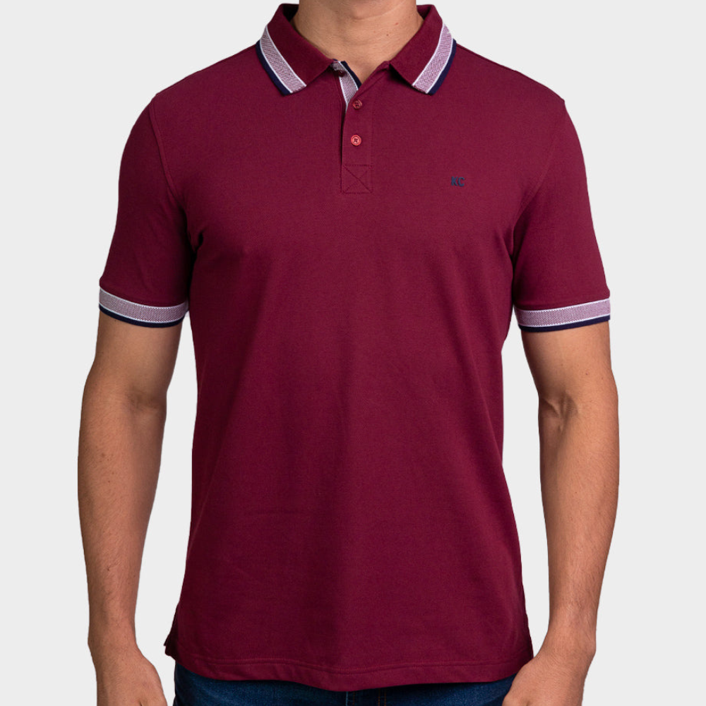Kenneth Cole Polo Shirt-Striped Collar Maroon Red