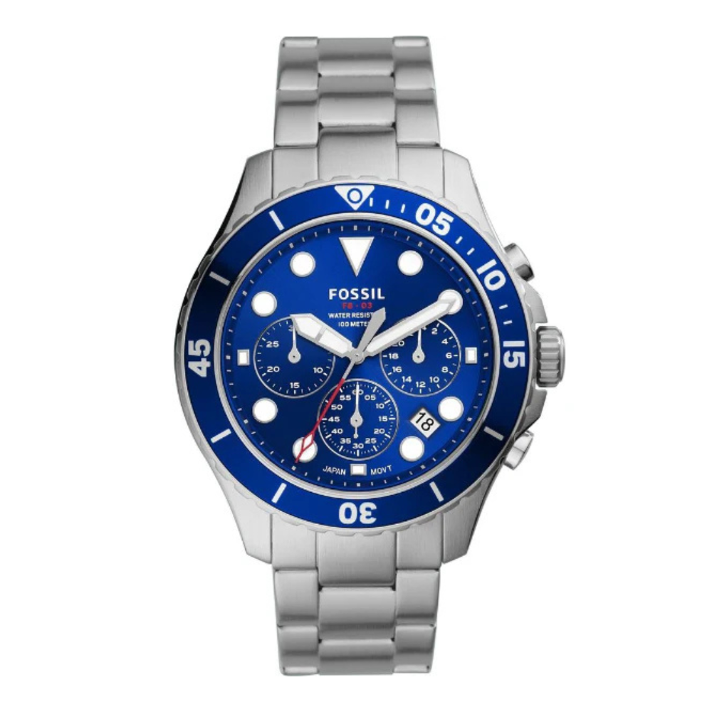 Fossil FB-03 Silver Stainless Steel Blue Dial Chronograph Quartz Watch for Gents