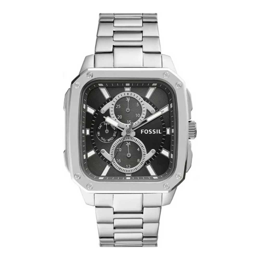 Fossil Multifunction Silver Stainless Steel Black Dial Quartz Watch for Gents