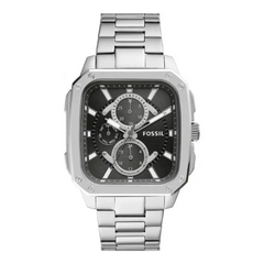 Fossil Multifunction Silver Stainless Steel Black Dial Quartz Watch for Gents