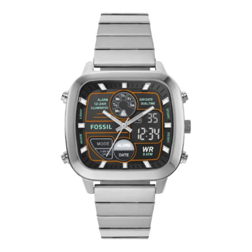 Fossil Retro Anadigital Silver Stainless Steel Positive Display Dial Analog & Digital Watch for Gents