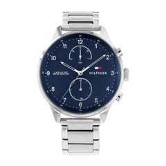 Tommy Hilfiger Chase Silver Stainless Steel Blue Dial Chronograph Quartz Watch for Gents