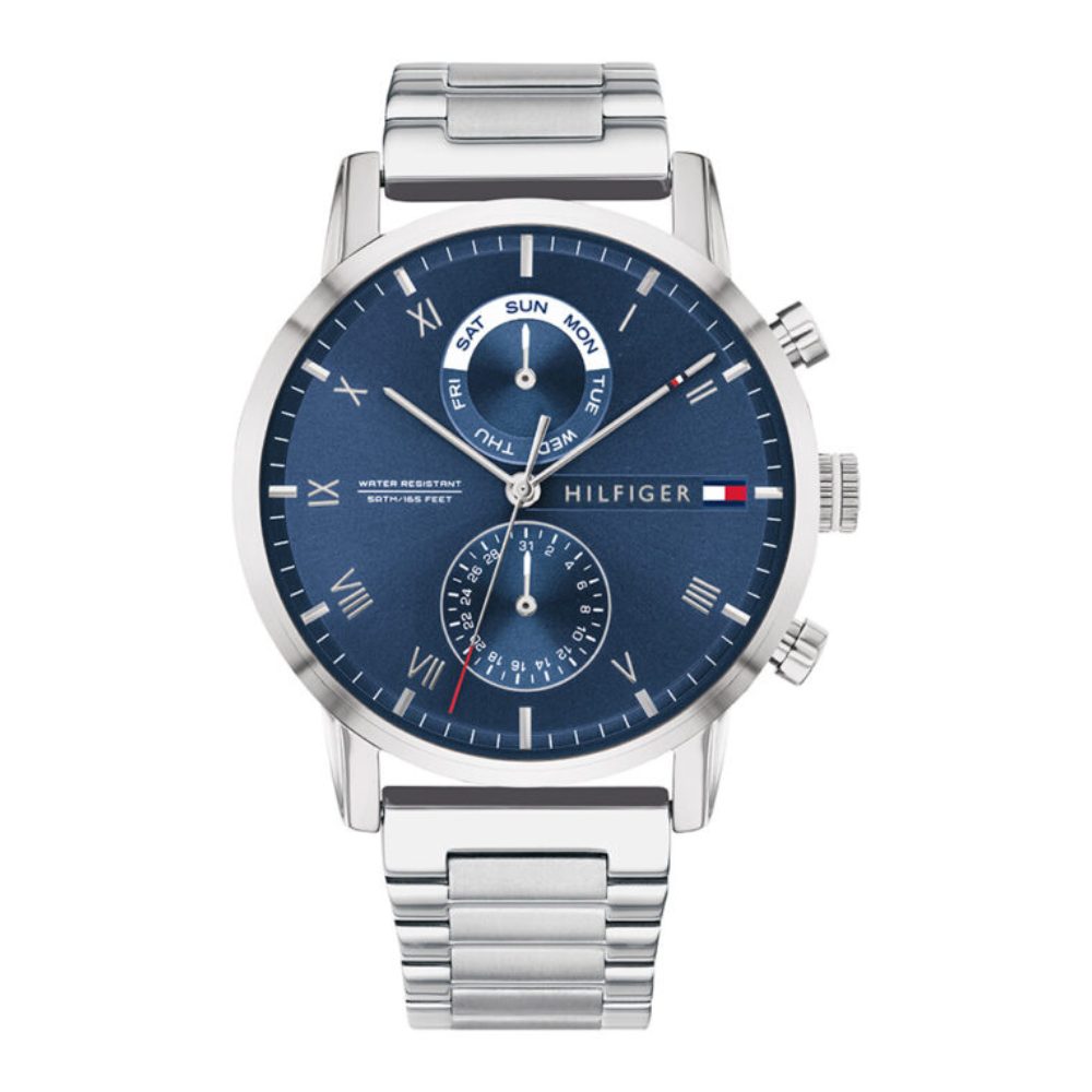 Tommy Hilfiger Kane Mens Silver Stainless Steel Quartz Multi-Function Blue Dial Watch