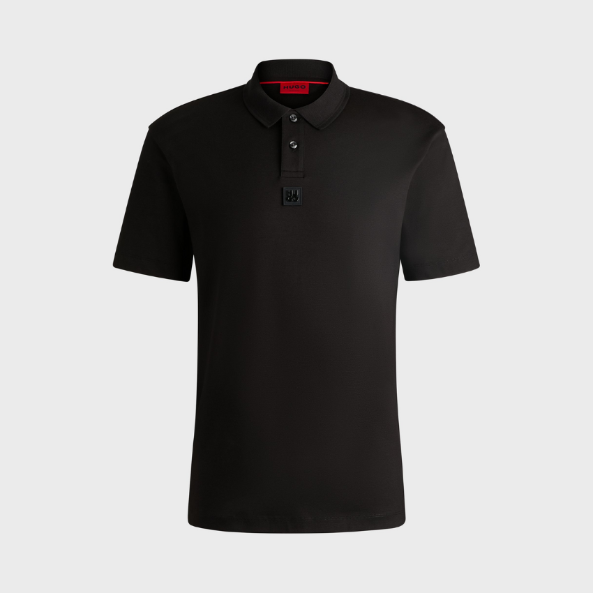 HUGO Dereso232 Slim-Fit Cotton Polo Shirt for Men | Black Logo-Label Designer Tee