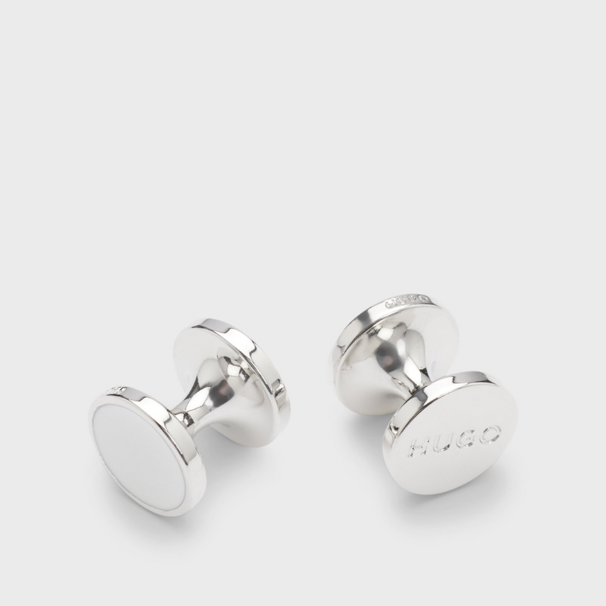 Hugo Round White Enamel Cufflinks with Logo