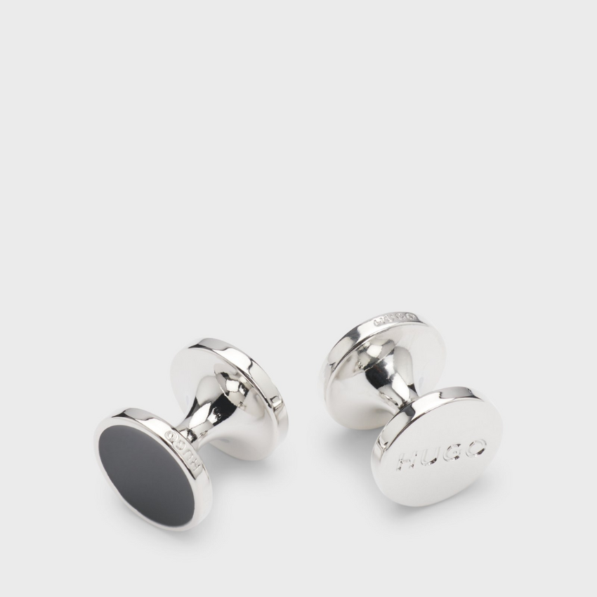 Hugo Round black Enamel Cufflinks with Logo