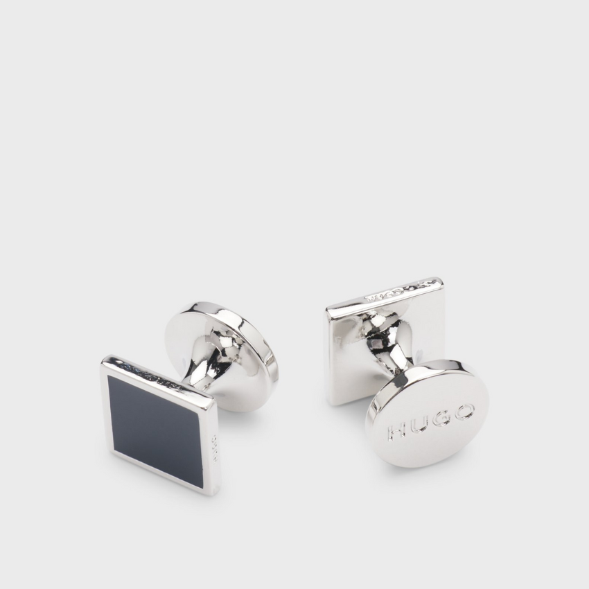 Square Navy Enamel Cufflinks with Logo