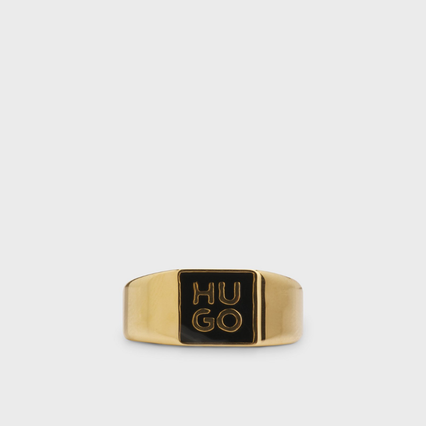 Hugo Gold Stacked-Logo Signet Ring with Enamel Insert