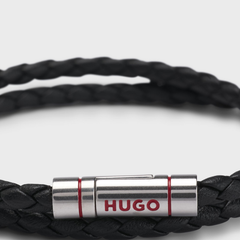 HUGO Double Braided Leather Cuff Bracelet Black