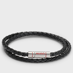 HUGO Double Braided Leather Cuff Bracelet Black